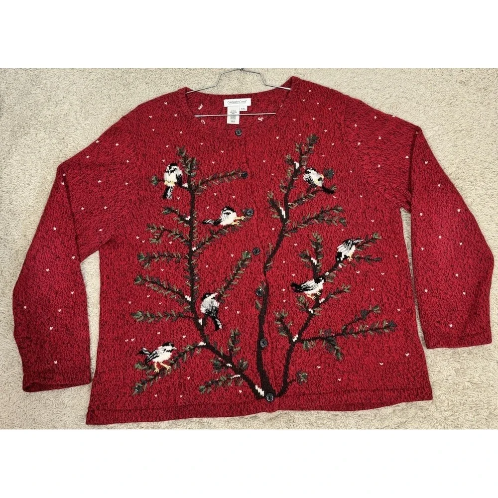 Coldwater Creek Button Up Embroidered Christmas Bird Sweater Women's XXL Holiday